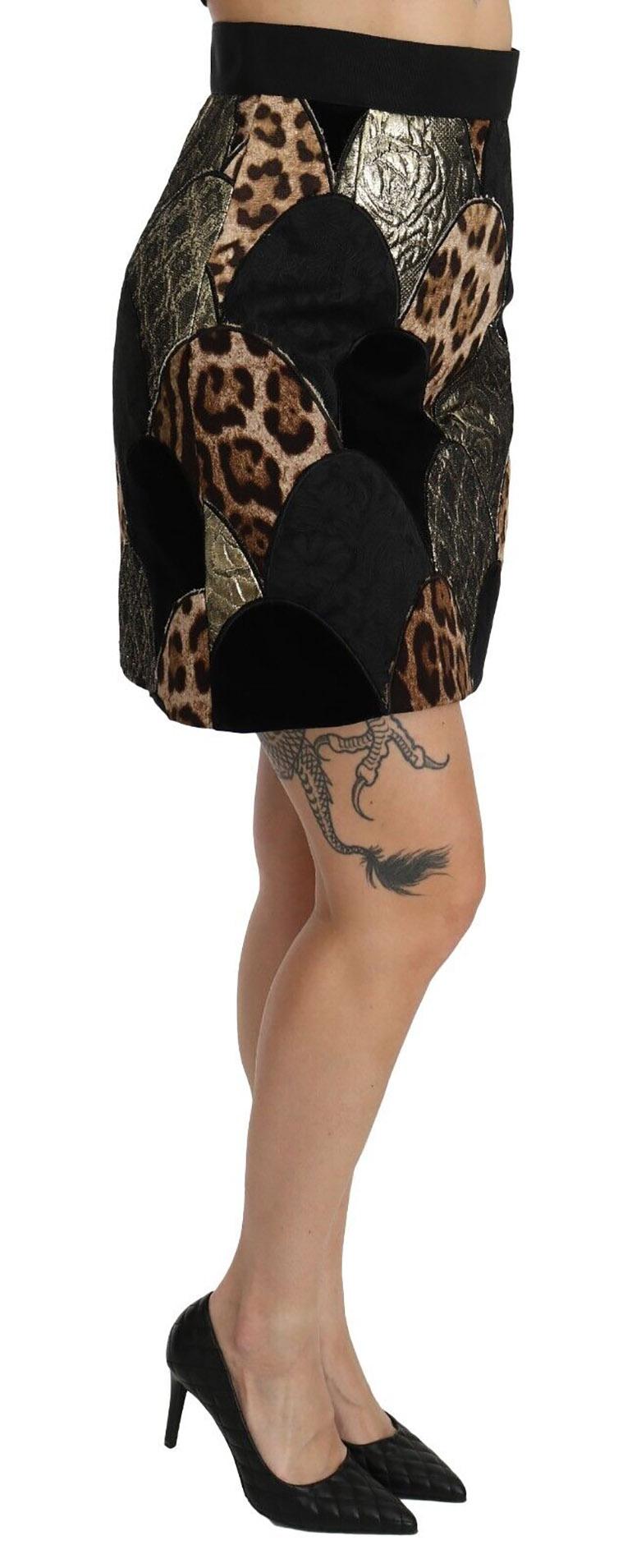 Women's Dolce & Gabbana Black Brown Cotton Leopard A-Line Mini Skirt High Waist Short For Sale
