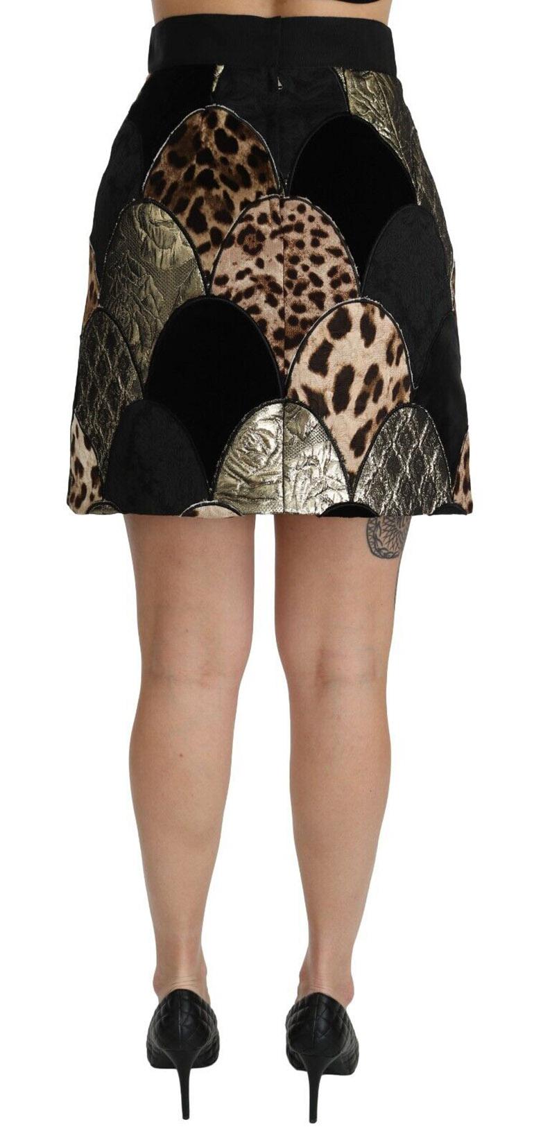 Dolce & Gabbana Black Brown Cotton Leopard A-Line Mini Skirt High Waist Short For Sale 2