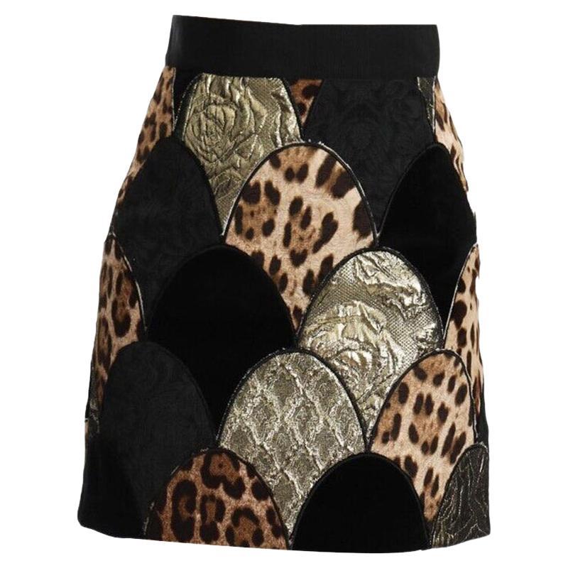 Dolce & Gabbana Black Brown Cotton Leopard A-Line Mini Skirt High Waist Short For Sale