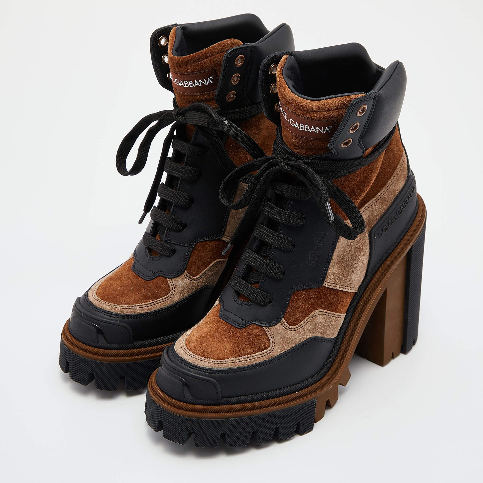 Dolce & Gabbana Black/Brown Leather and Suede Combat Boots Size 40 1