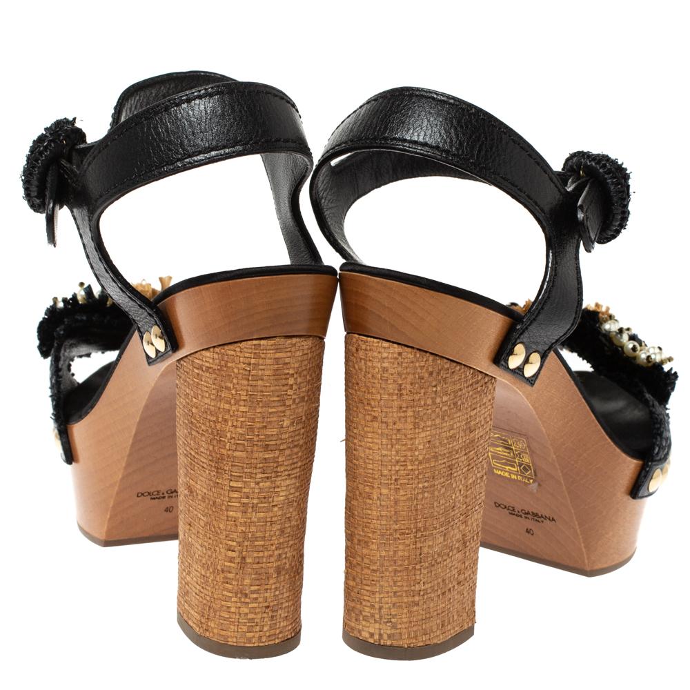 Dolce & Gabbana Black/Brown Leather & Raffia Platform Ankle Strap Sandals Size40 In Good Condition In Dubai, Al Qouz 2