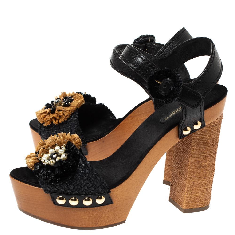 Women's Dolce & Gabbana Black/Brown Leather & Raffia Platform Ankle Strap Sandals Size40