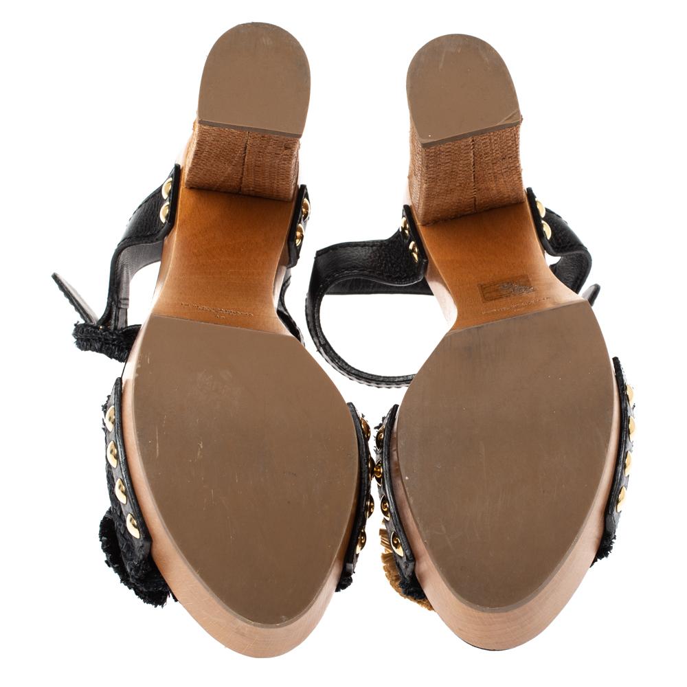 Dolce & Gabbana Black/Brown Leather & Raffia Platform Ankle Strap Sandals Size40 2