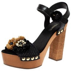 Dolce & Gabbana Black/Brown Leather & Raffia Platform Ankle Strap Sandals Size40