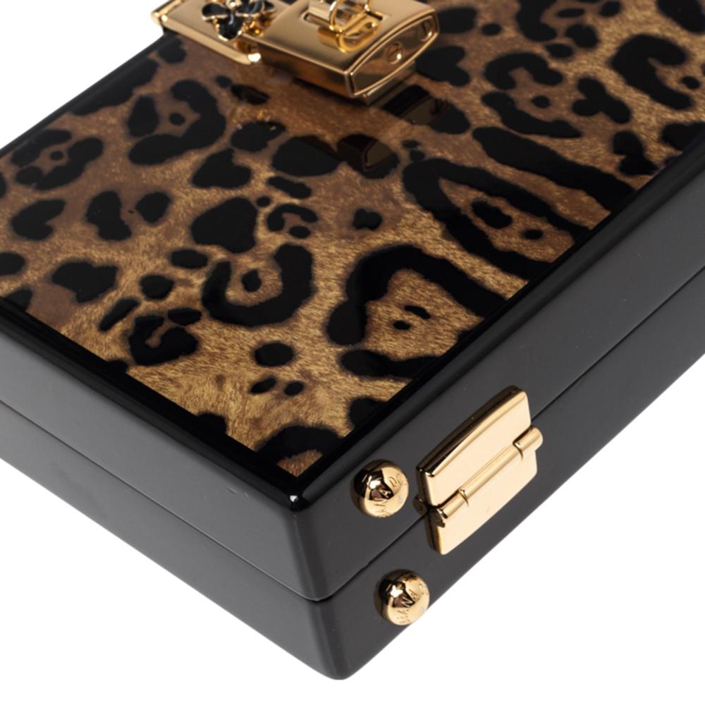 Dolce & Gabbana Black/Brown Leopard Print Acrylic Dolce Box Clutch Bag In Good Condition In Dubai, Al Qouz 2