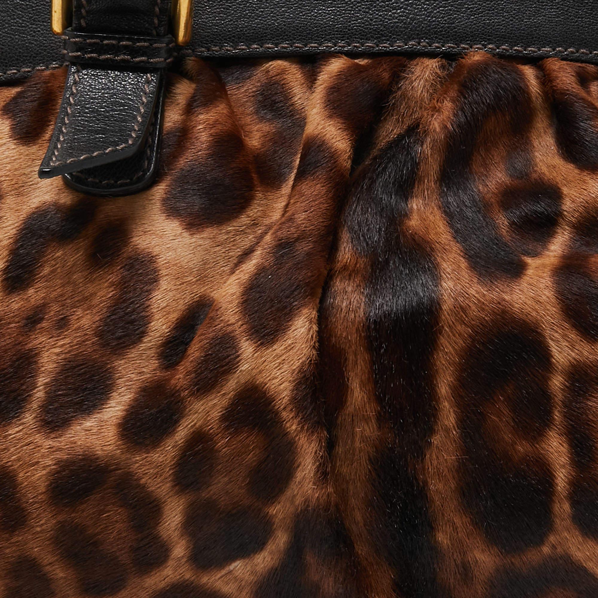 Dolce & Gabbana Black/Brown Leopard Print Calf Hair Frame Satchel For Sale 6