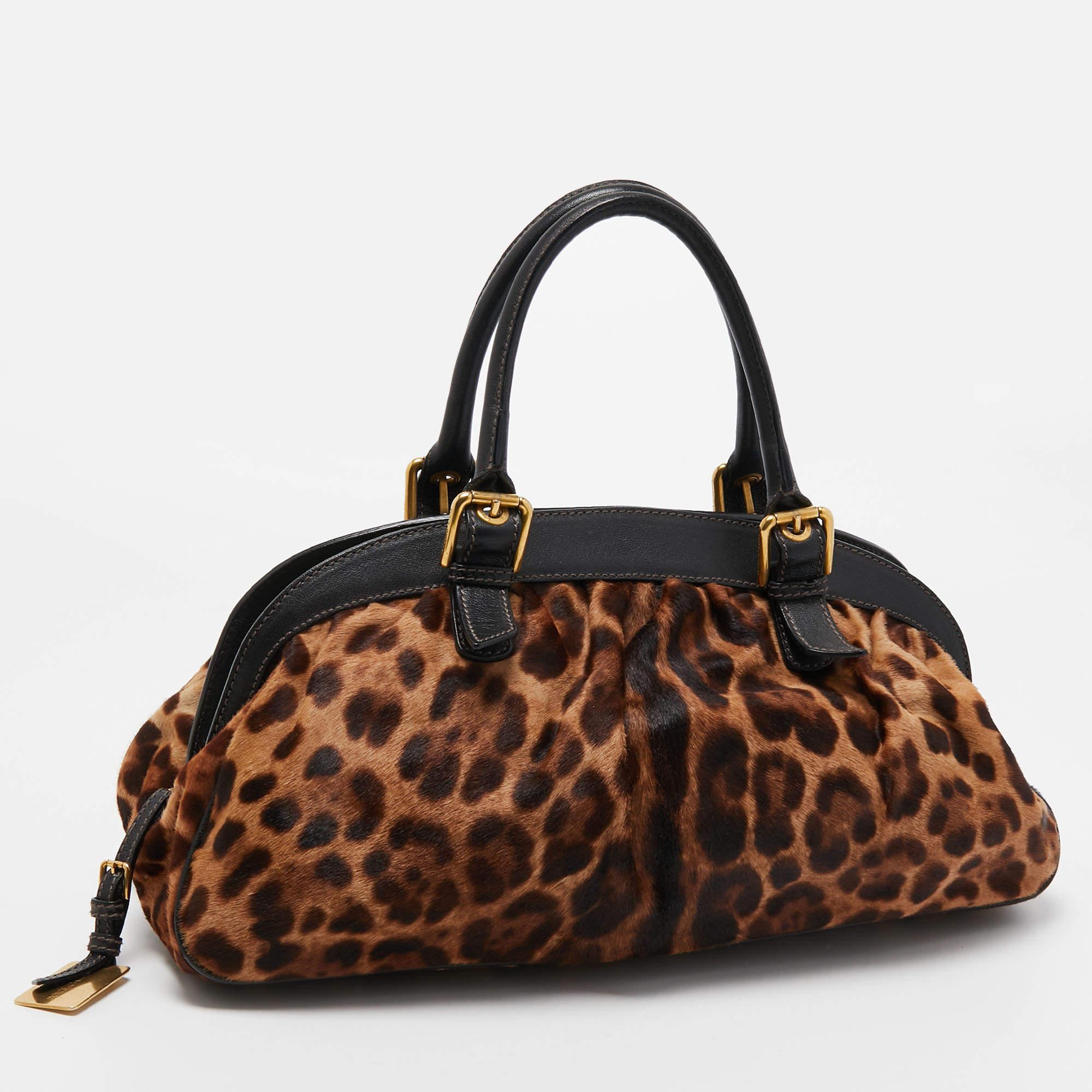 Women's Dolce & Gabbana Black/Brown Leopard Print Calf Hair Frame Satchel For Sale
