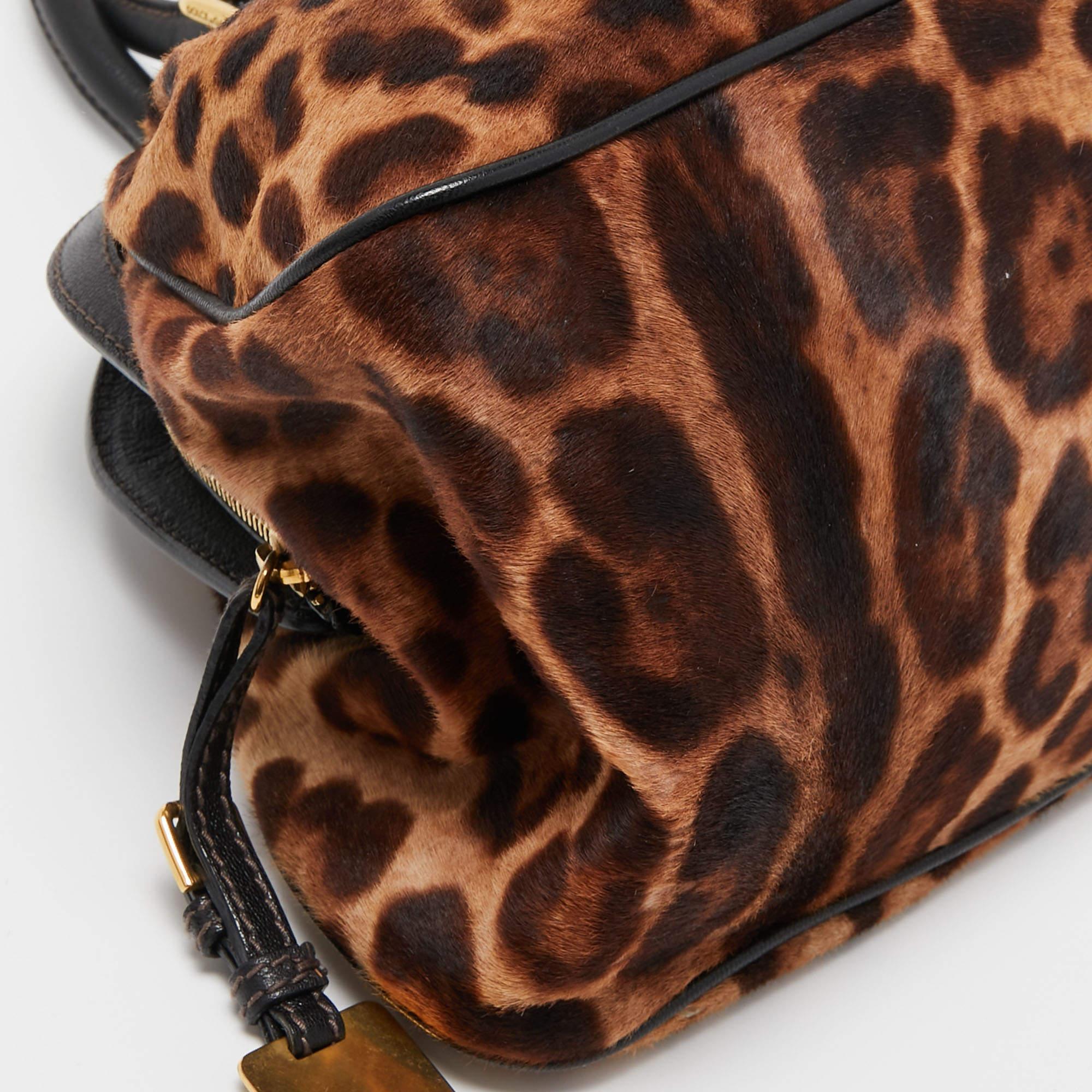 Dolce & Gabbana Black/Brown Leopard Print Calf Hair Frame Satchel For Sale 2