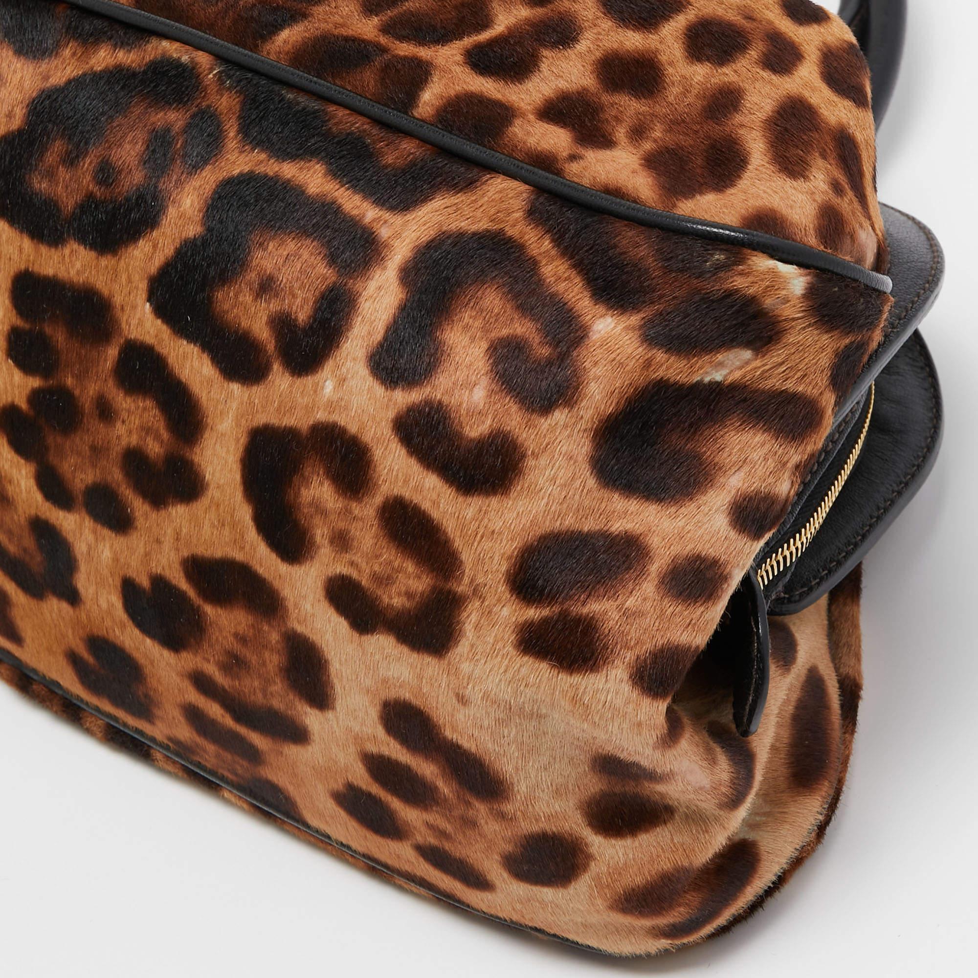 Dolce & Gabbana Black/Brown Leopard Print Calf Hair Frame Satchel For Sale 3