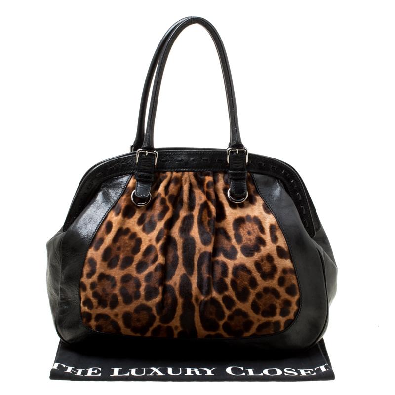 Dolce & Gabbana Black/Brown Leopard Print Calf Hair Miss Romantique Satchel 8