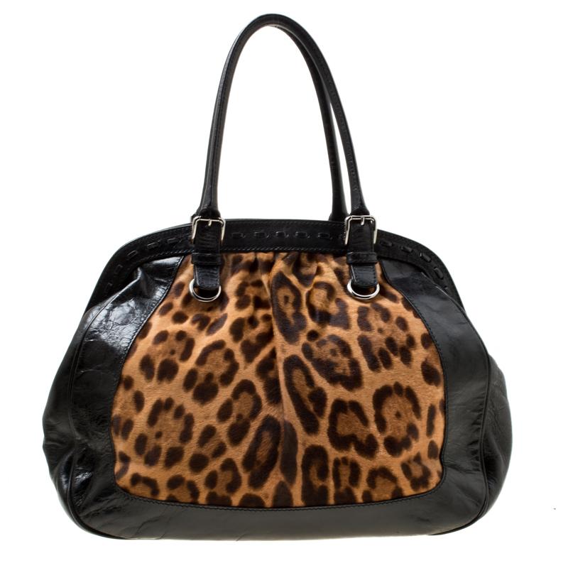 Women's Dolce & Gabbana Black/Brown Leopard Print Calf Hair Miss Romantique Satchel