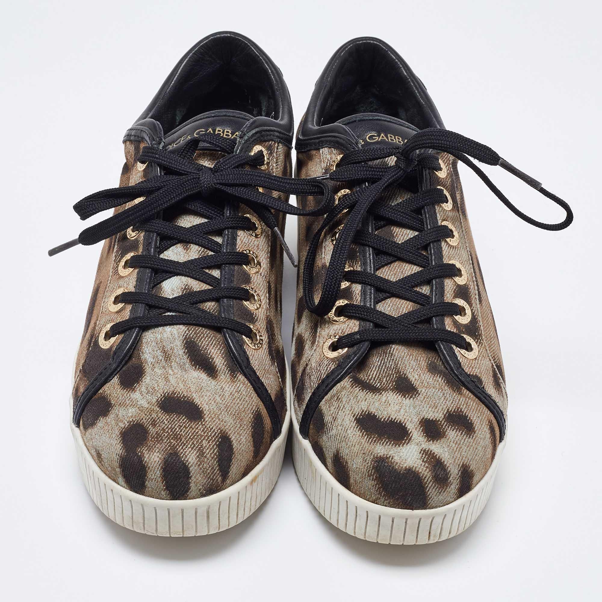 Gray Dolce & Gabbana Black/Brown Leopard Print Canvas and Leather Sneakers Size 40 For Sale