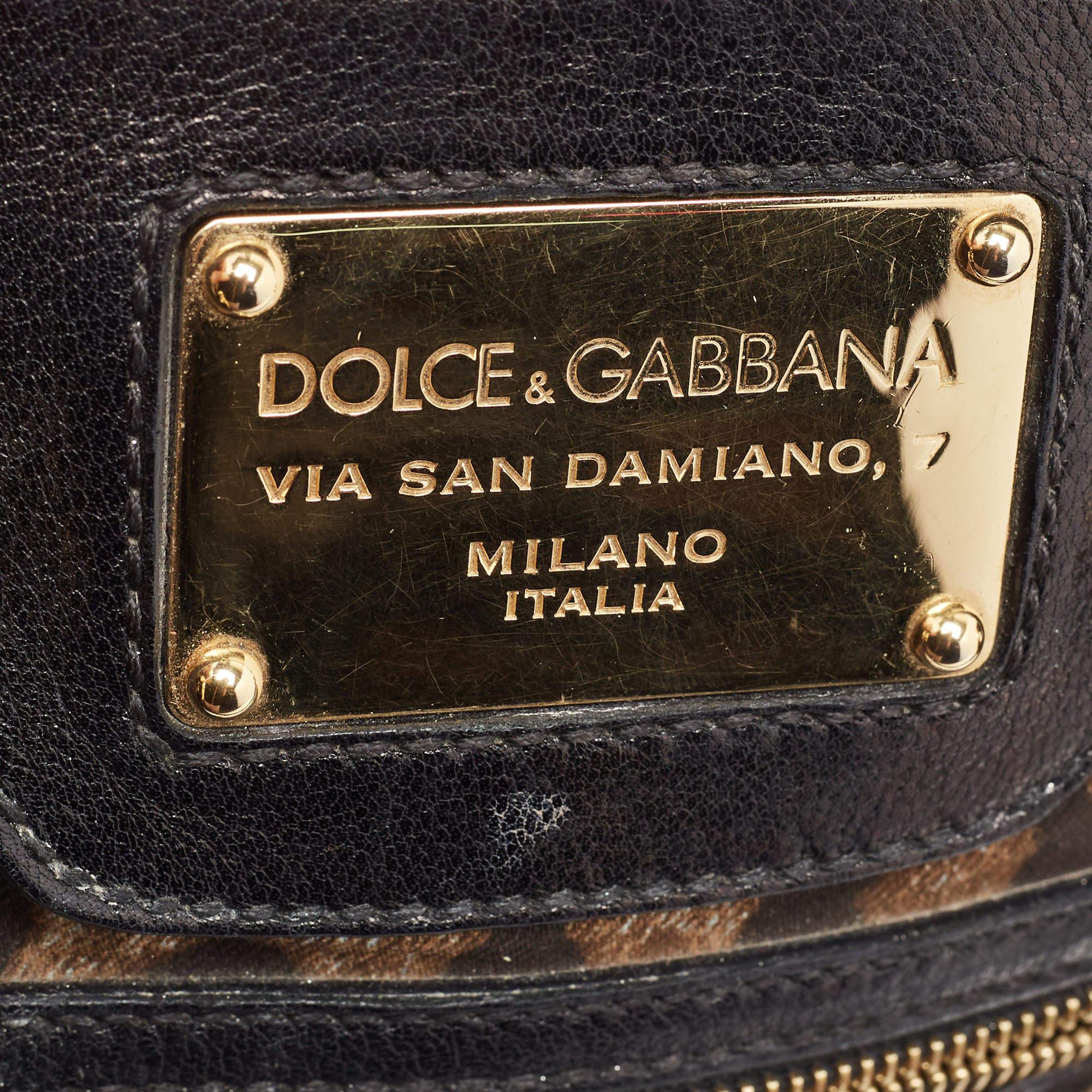 Dolce & Gabbana Black/Brown Leopard Print Canvas Miss Easy Way Satchel For Sale 10