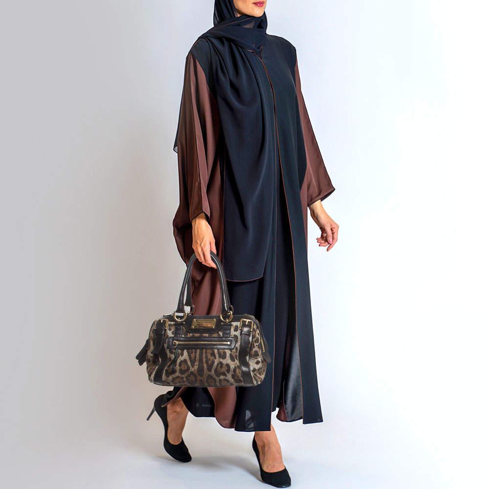 Dolce & Gabbana Black/Brown Leopard Print Canvas Miss Easy Way Satchel In Good Condition For Sale In Dubai, Al Qouz 2