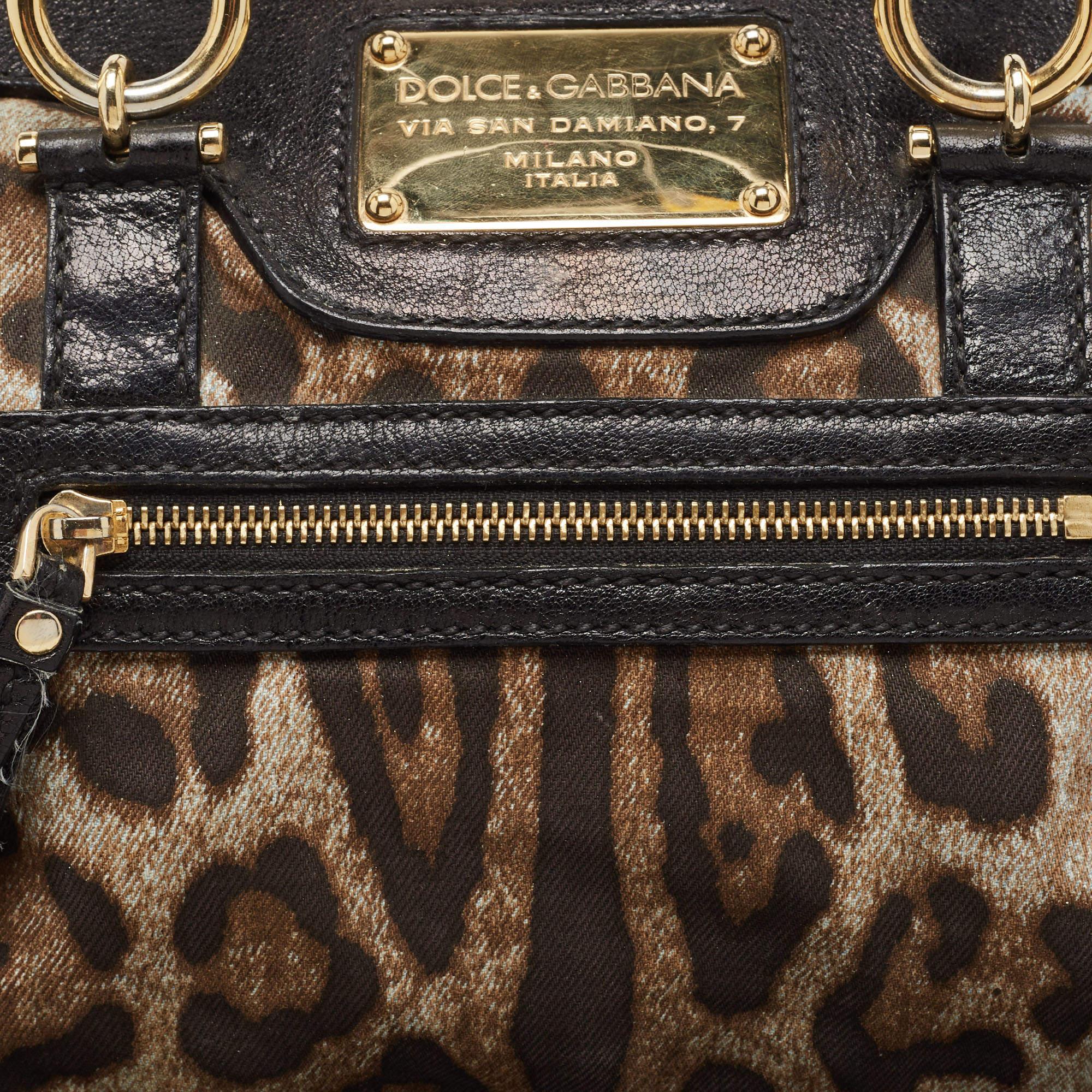 Dolce & Gabbana Black/Brown Leopard Print Canvas Miss Easy Way Satchel For Sale 4