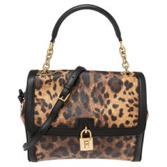 Dolce & Gabbana Black/Brown Leopard Print Coated Canvas Padlock Shoulder Bag