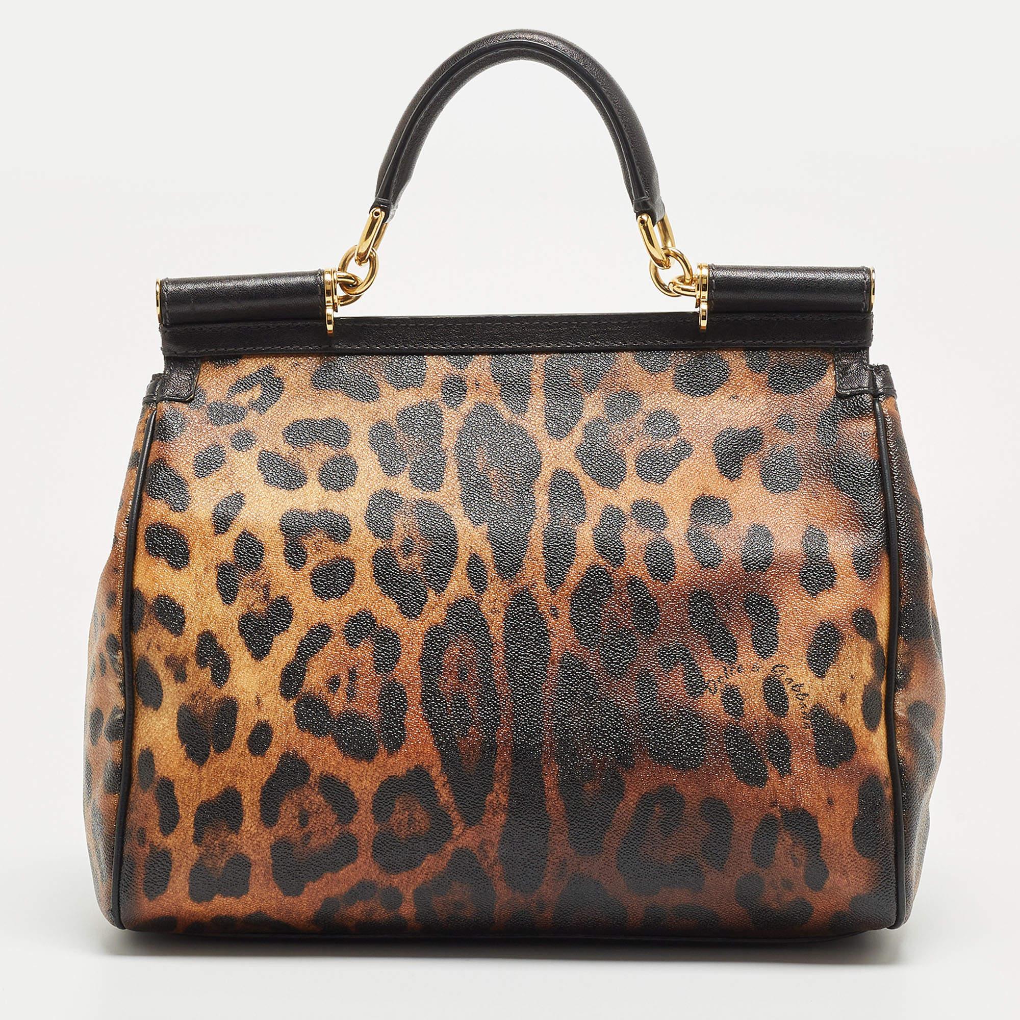 Dolce & Gabbana Black/Brown Leopard Print Coated Canvas Top Handle Bag In Good Condition In Dubai, Al Qouz 2