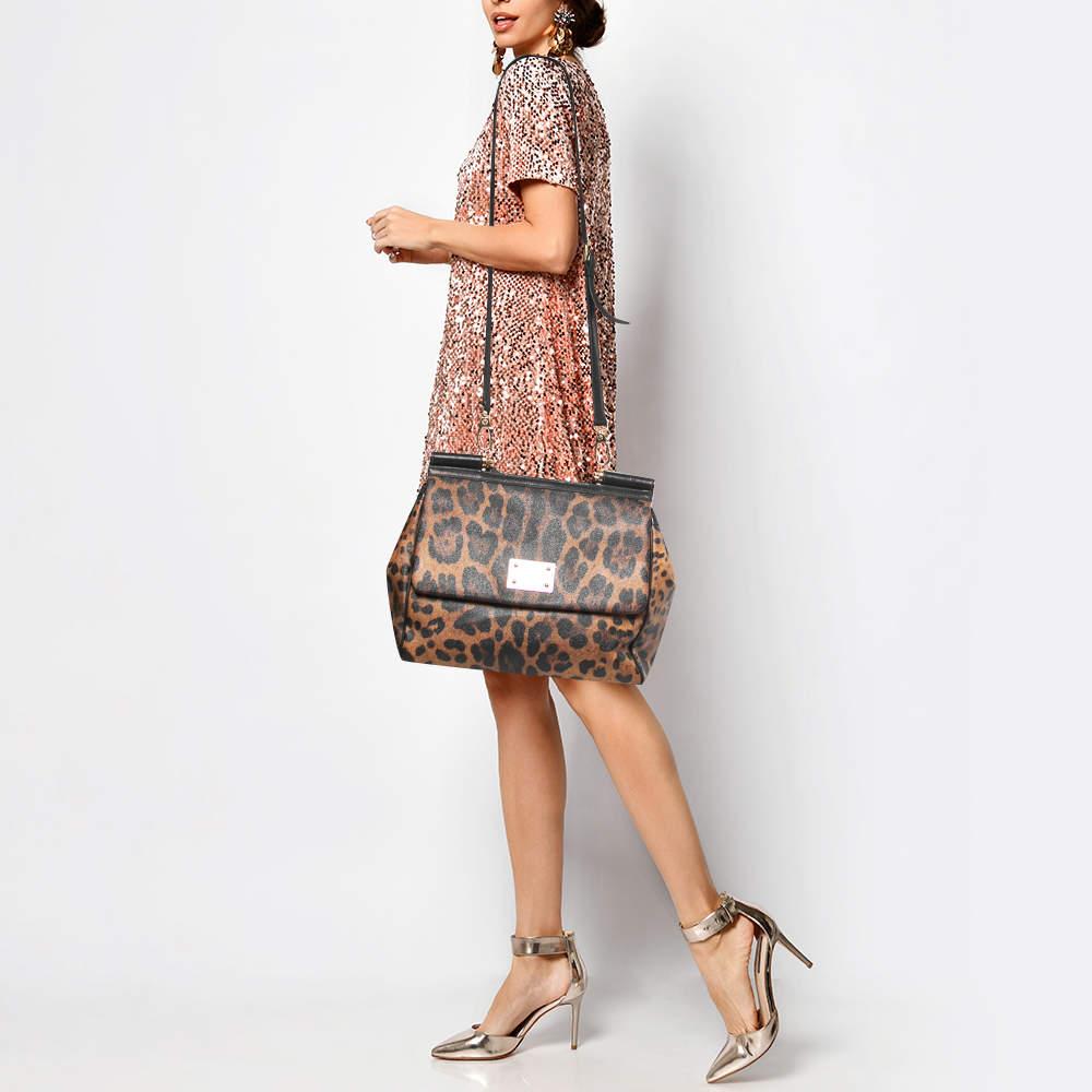 Women's Dolce & Gabbana Black/Brown Leopard Print Coated Canvas Top Handle Bag
