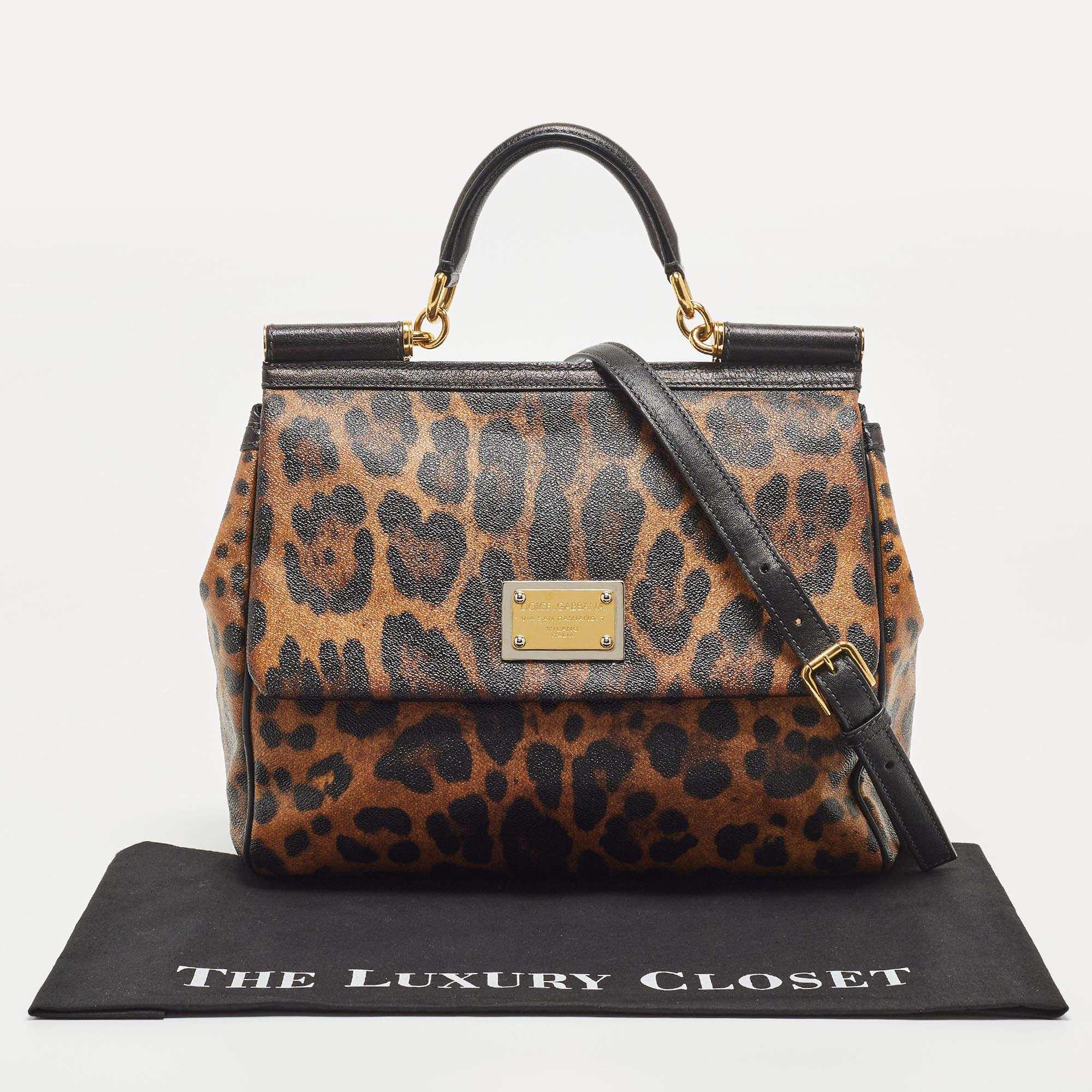 Dolce & Gabbana Black/Brown Leopard Print Coated Canvas Top Handle Bag 4