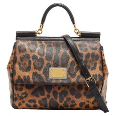 Dolce & Gabbana Bolso de asa superior de lona revestida con estampado de leopardo negro/marrón