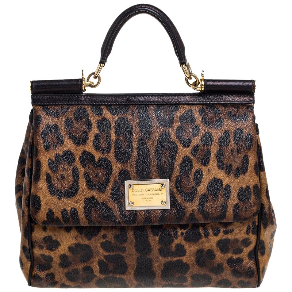 Dolce and Gabbana Leopard Print Leather Medium Miss Sicily Top Handle ...