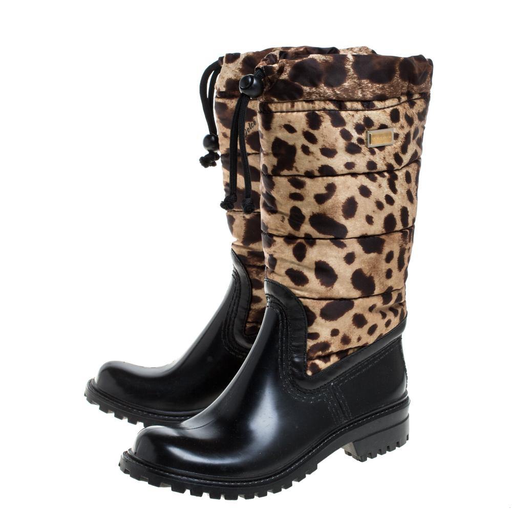 Dolce & Gabbana Black/Brown Leopard Print Leather Mid Length Rain Boots Size 36 3