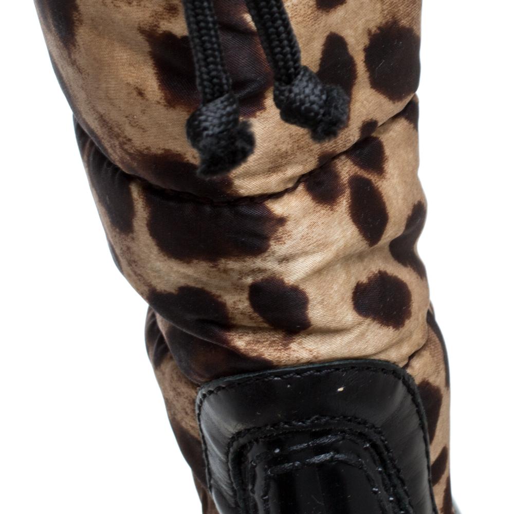 Dolce & Gabbana Black/Brown Leopard Print Leather Mid Length Rain Boots Size 36 2