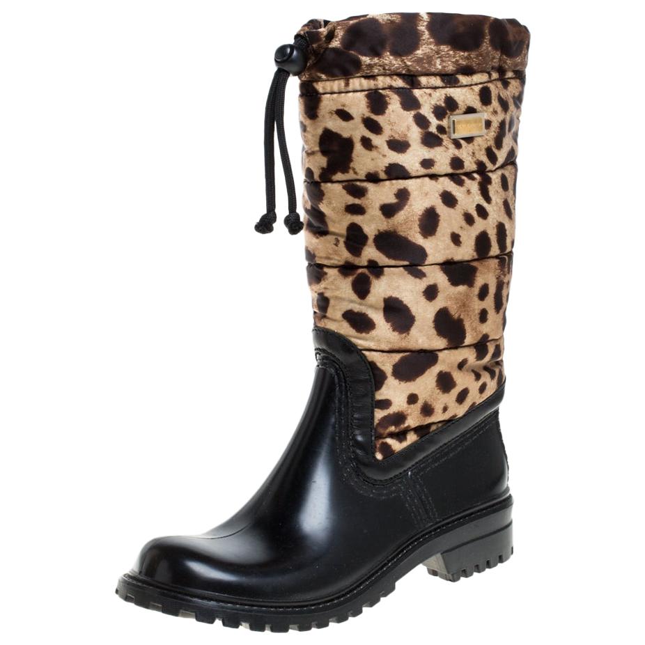 Dolce & Gabbana Black/Brown Leopard Print Leather Mid Length Rain Boots Size 36