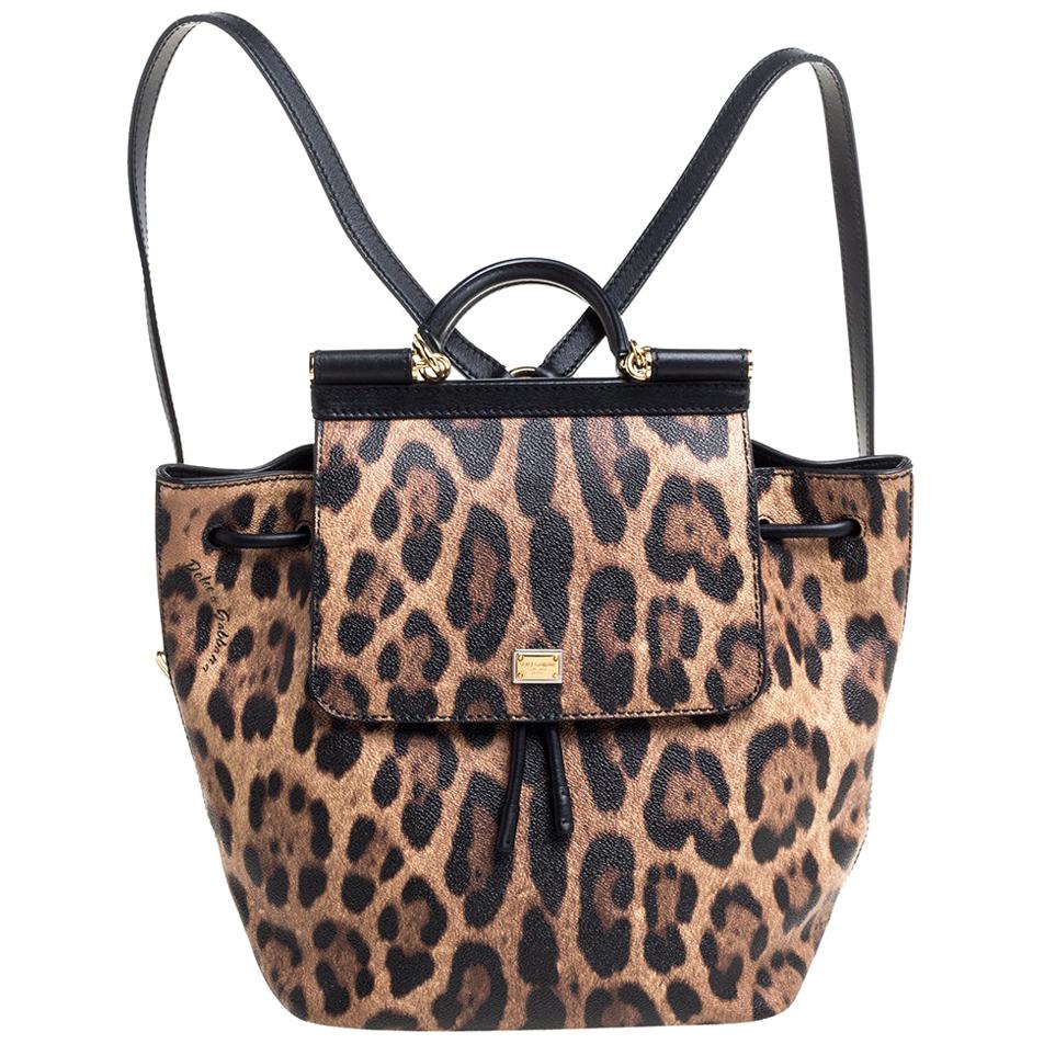 Dolce & Gabbana Black/Brown Leopard Print Leather Miss Sicily Backpack