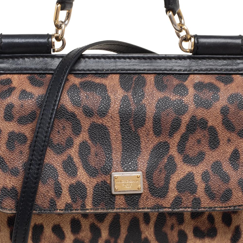 Dolce & Gabbana Black/Brown Leopard Print Medium Miss Sicily Top Handle Bag 6