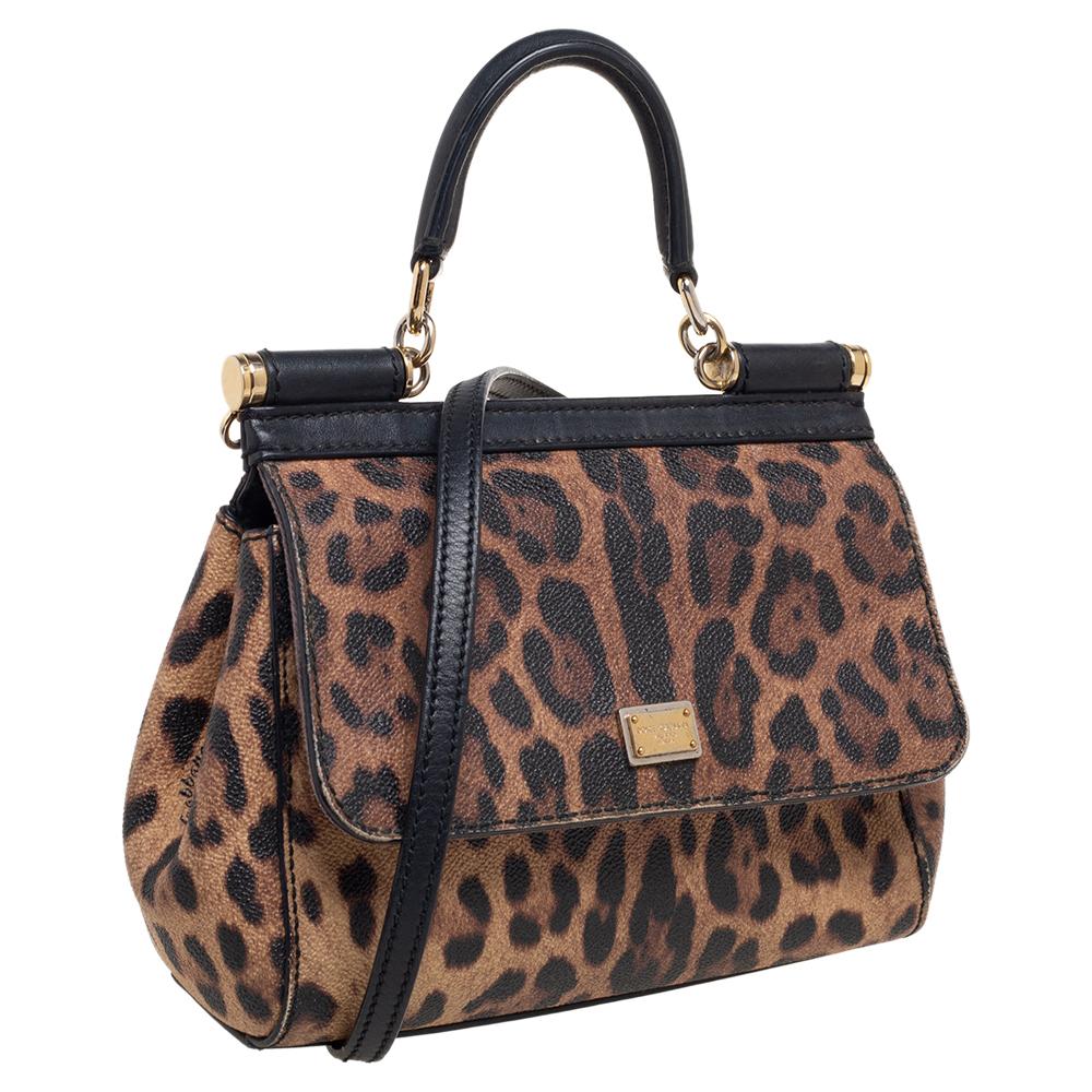 Dolce & Gabbana Black/Brown Leopard Print Medium Miss Sicily Top Handle Bag In Good Condition In Dubai, Al Qouz 2