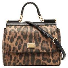 Dolce & Gabbana Black/Brown Leopard Print Medium Miss Sicily Top Handle Bag