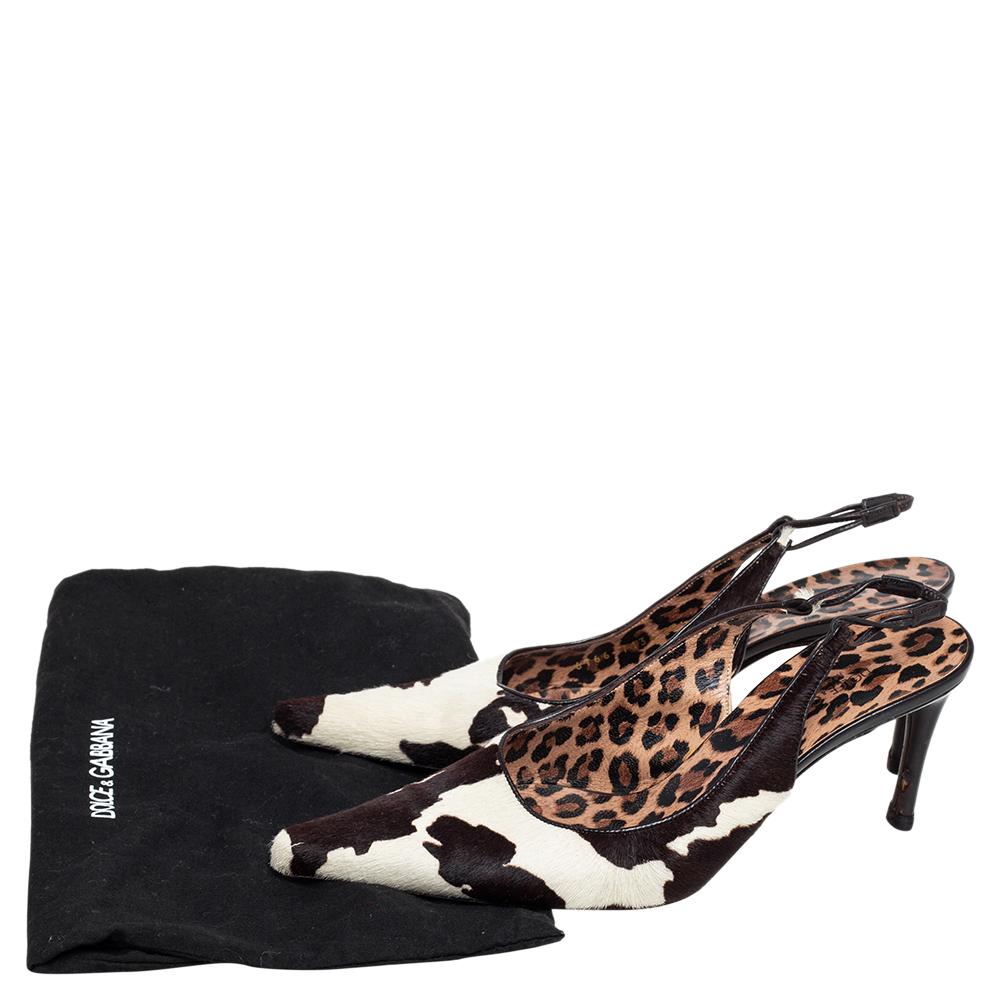 Dolce & Gabbana Black/Brown Leopard Print Pony Hair Slingback Sandals Size 38.5 2