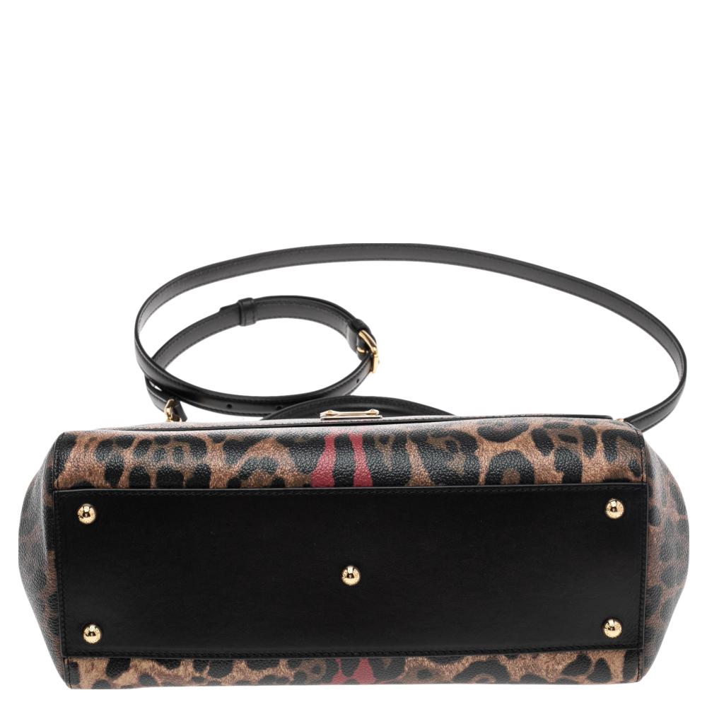 Dolce & Gabbana Black/Brown Leopard Print Regular Miss Sicily Top Handle Bag In New Condition In Dubai, Al Qouz 2