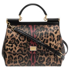 Dolce & Gabbana Black/Brown Leopard Print Regular Miss Sicily Top Handle Bag