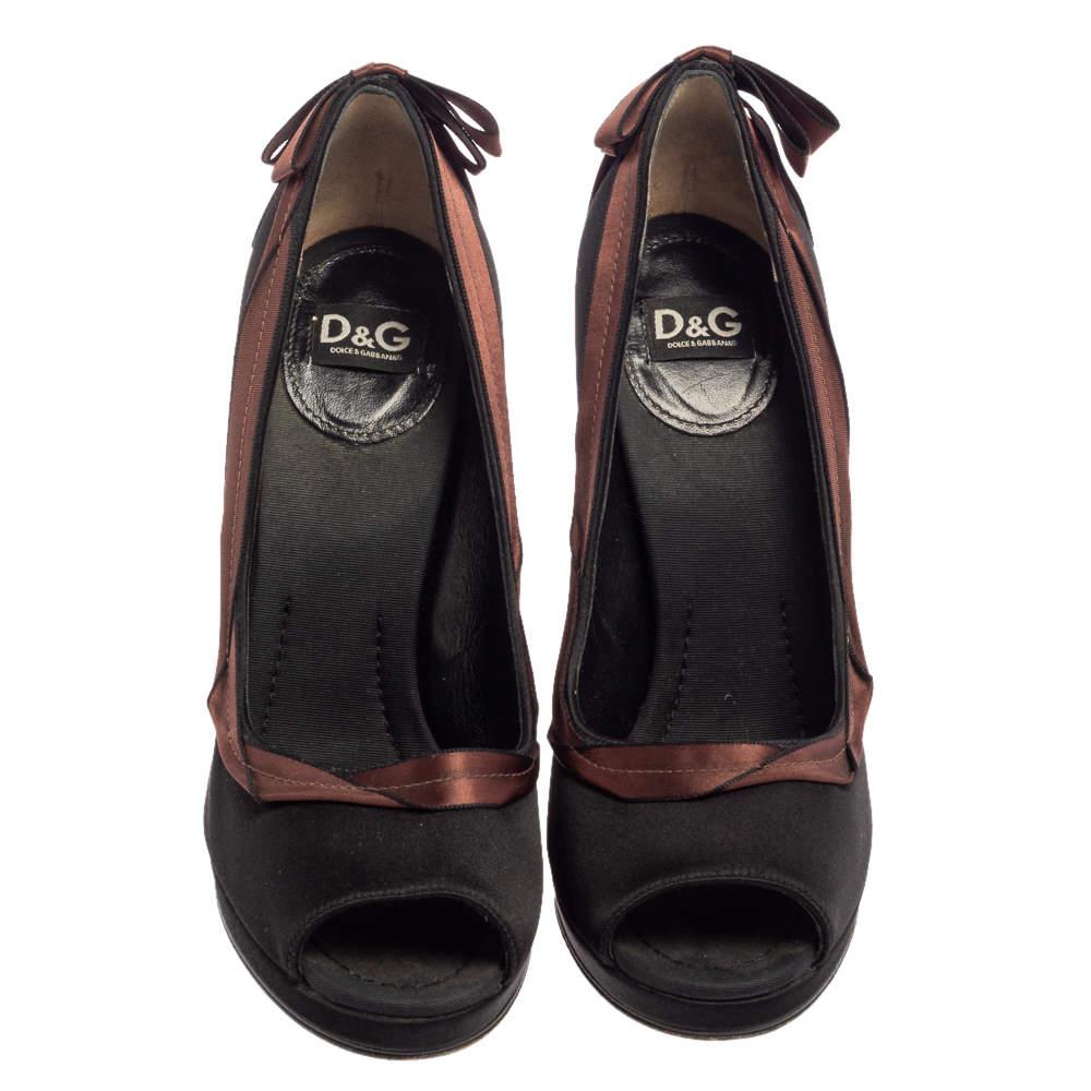 Dolce & Gabbana Bombas de punta de satén marrón/negro Talla 39.5 Negro