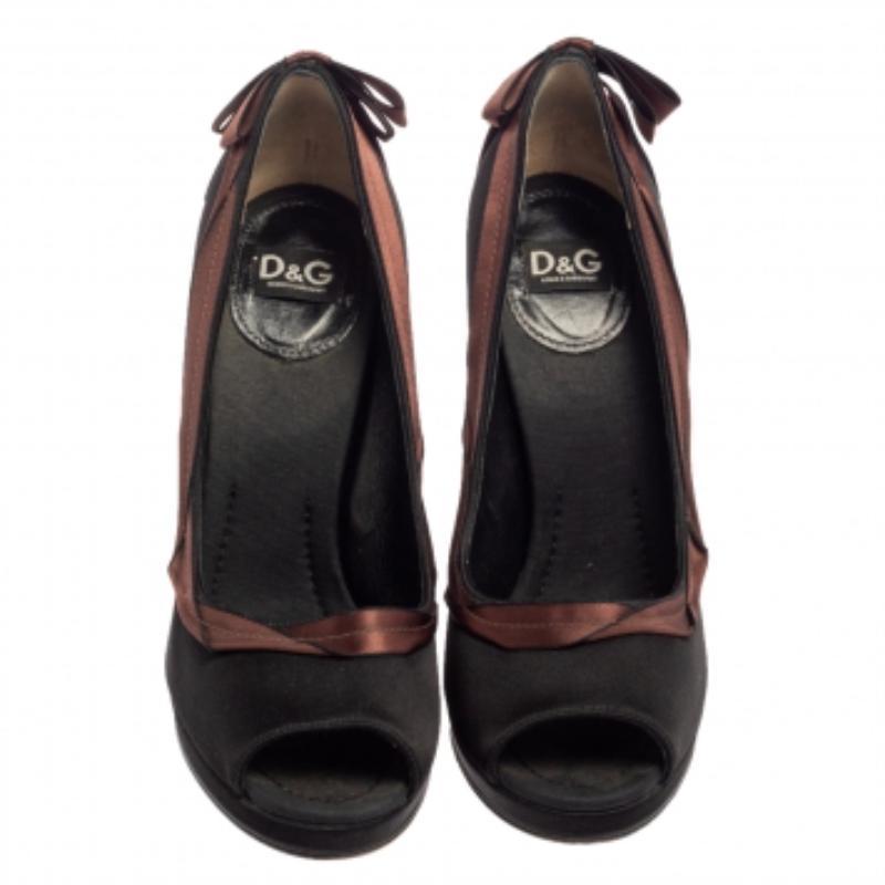Dolce & Gabbana Black/Brown Satin Peep Toe Pumps Size 39.5 For Sale 1