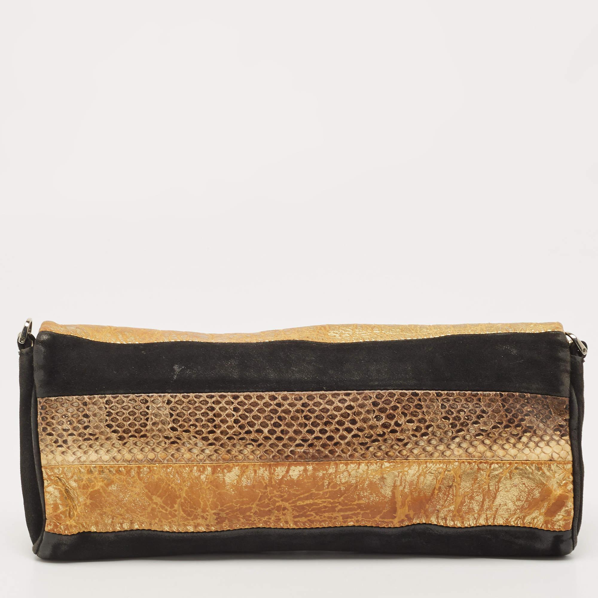 Dolce & Gabbana Black/Brown Suede And Snakeskin Leather Chain Clutch For Sale 10