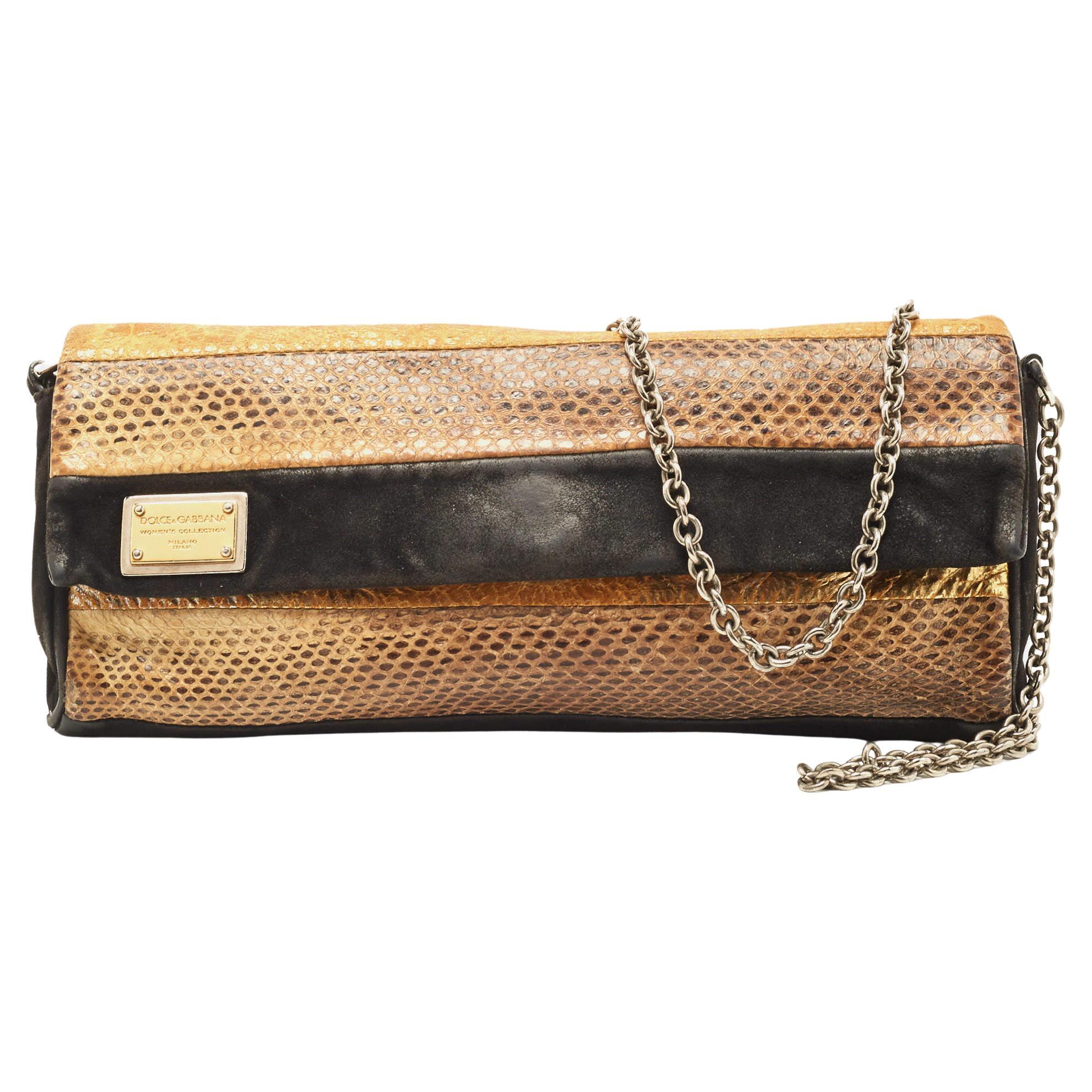 Dolce & Gabbana Black/Brown Suede And Snakeskin Leather Chain Clutch For Sale