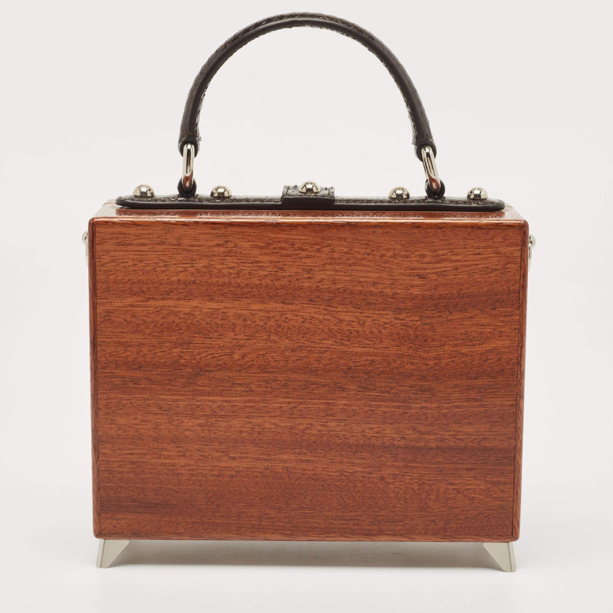Beige Dolce & Gabbana Black/Brown Wood and Snakeskin Radio Box Top Handle Bag For Sale