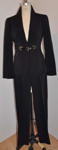 Dolce & Gabbana Black Brush Wool with Leopard Lining "Buckle" Pantsuit