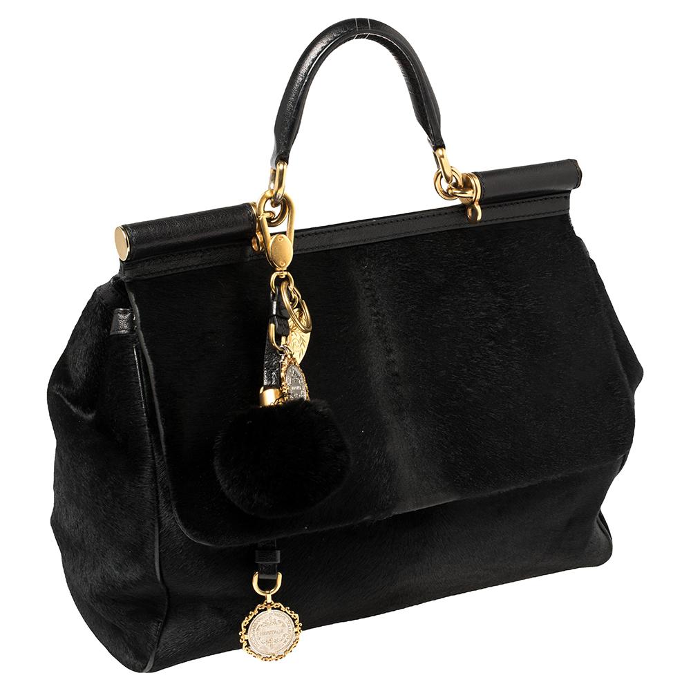 Women's Dolce & Gabbana Black Calf Hair And Leather Large Miss Sicily Top Handle Bag