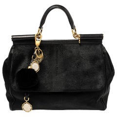 Dolce & Gabbana Black Calf Hair And Leather Large Miss Sicily Top Handle Bag