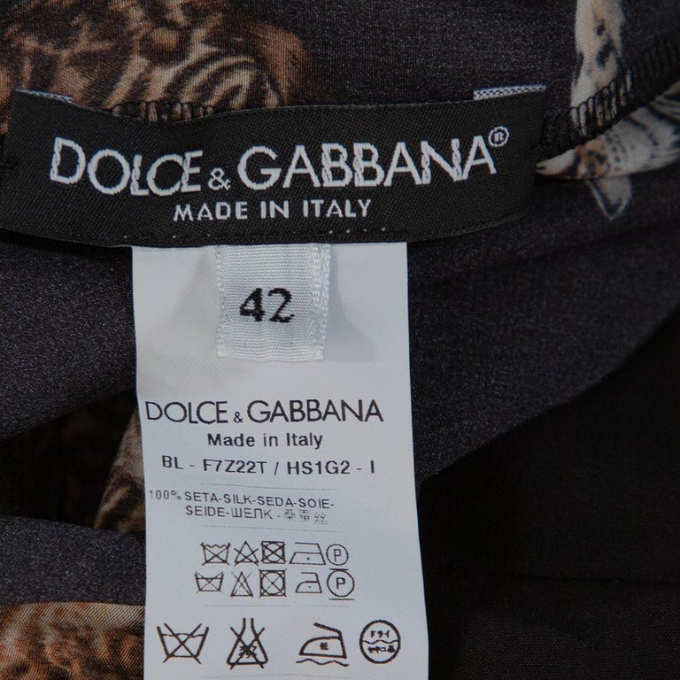 Dolce and Gabbana Black Cat Print Silk Short Sleeve Blouse M For Sale ...