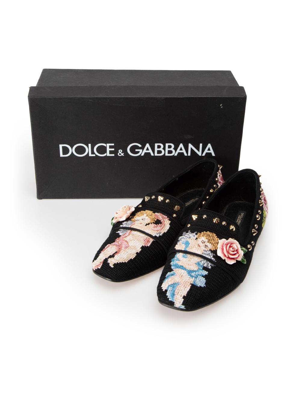 Dolce & Gabbana Black Cherub Embroidered Loafers Size IT 39 2
