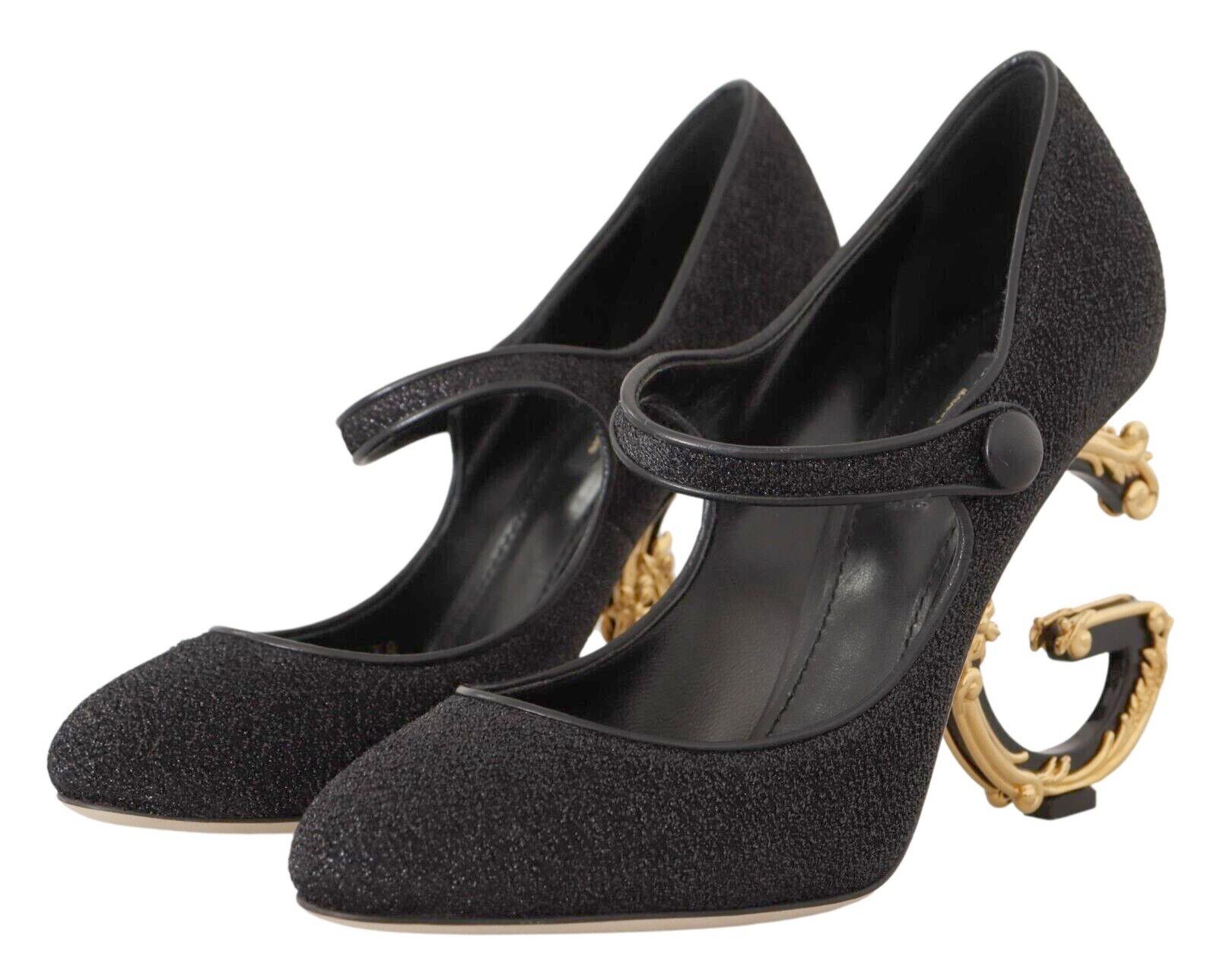 Dolce & Gabbana Black Cloth Gold DG Baroque Heels Shoes Pumps Devotion Mary Jane In New Condition In WELWYN, GB