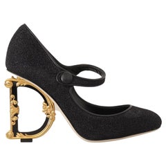 Dolce & Gabbana Black Cloth Gold DG Baroque Heels Shoes Pumps Devotion Mary Jane