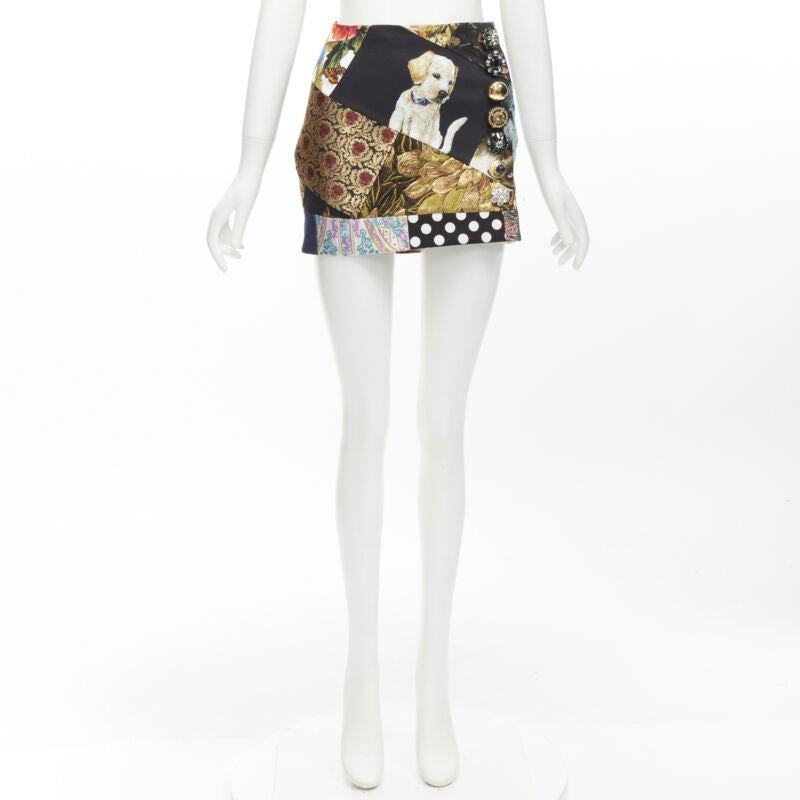 DOLCE GABBANA black colorful dog patchwork jewel embellished mini skirt IT36 XS For Sale 5