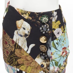 DOLCE GABBANA black colorful dog patchwork jewel embellished mini skirt IT36 XS