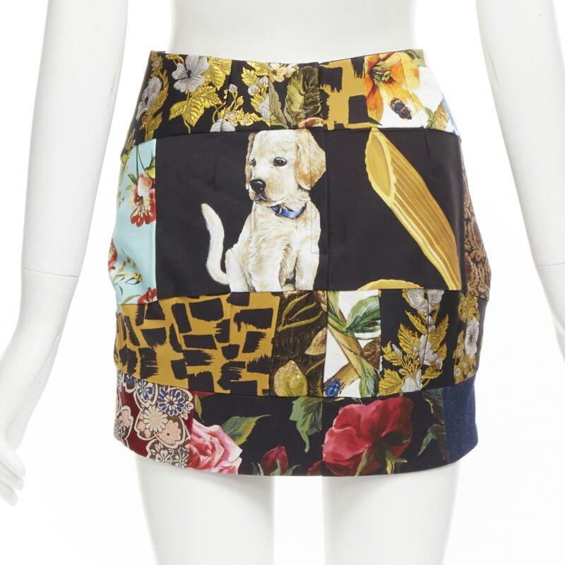 Women's DOLCE GABBANA black colorful dog patchwork jewel embellished mini skirt IT36 XS For Sale